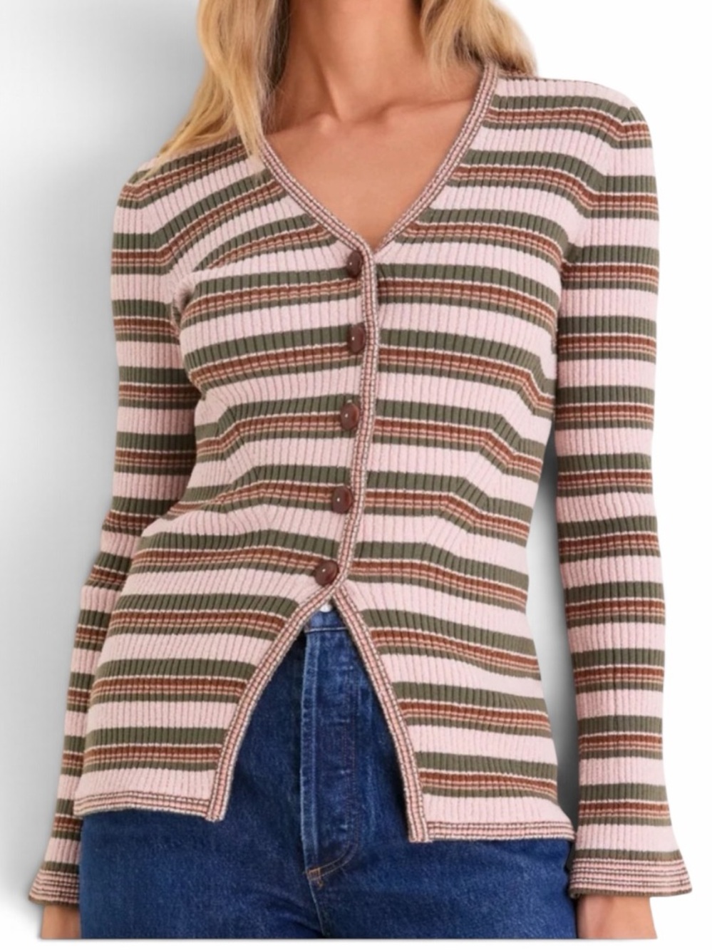 Veronica Beard Grazia Striped V-Neck Button Cardigan in Beige, Olive & Pink NWT